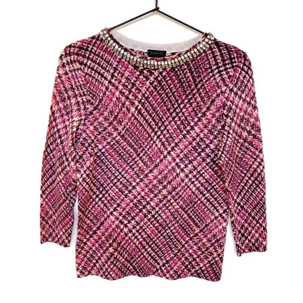 Talbots 100% Merino Wool Crystal Embellished Long Sleeve Sweater Pink Purple XS